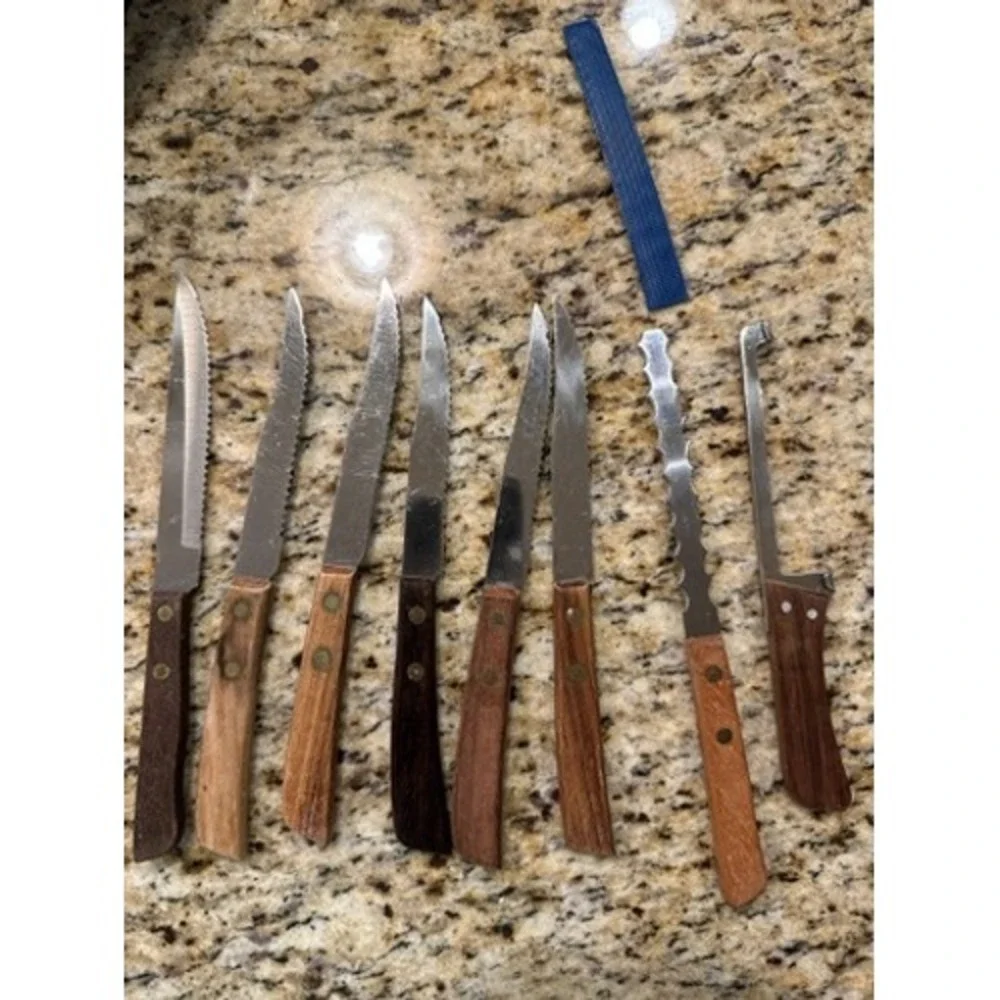 8 pc Vintage Stainless Steel Steak, Cheese, Grapefruit Knives Wood Handles Japan